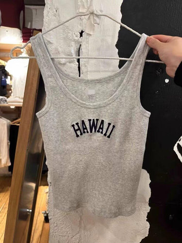 BrandyBM官网新款美式夏威夷HAWAII刺绣螺纹背心bm纯棉吊带上衣女