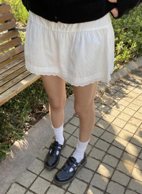 BM新款白色蕾丝花边A字半身裙bm高腰抽绳短裙芭蕾风少女甜美裙子