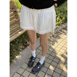 BM新款白色蕾丝花边A字半身裙bm高腰抽绳短裙芭蕾风少女甜美裙子