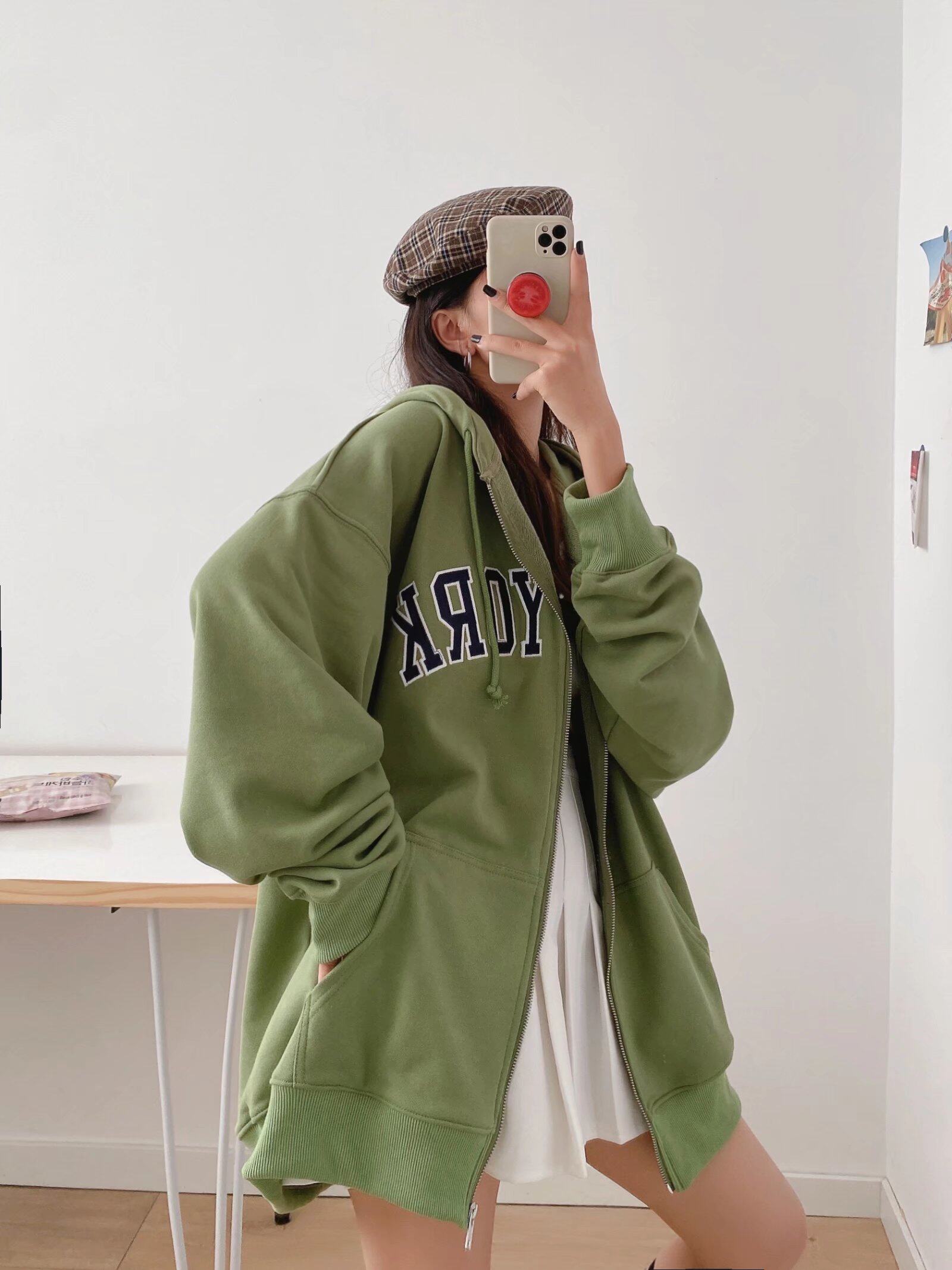 BrandyBM官网新款复古NewYork刺绣连帽拉链加绒卫衣美式外套学生