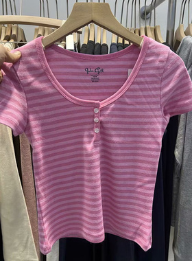 BM新款美式复古粉色条纹修身长袖上衣bm百搭三粒扣短款短袖T恤女