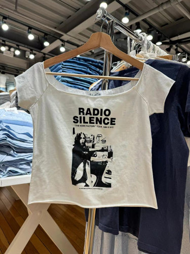 BrandyBM官网美式复古Radio摇滚乐队印花卷边短袖T恤bm高腰上衣女