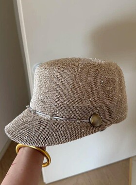 香槟金复古老钱风亮片马术帽女春夏镂空金属扣百搭显脸小平顶帽子