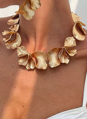 欧美风金属感纹路花朵锁骨项链复古个性简约小众气质高级感项饰女