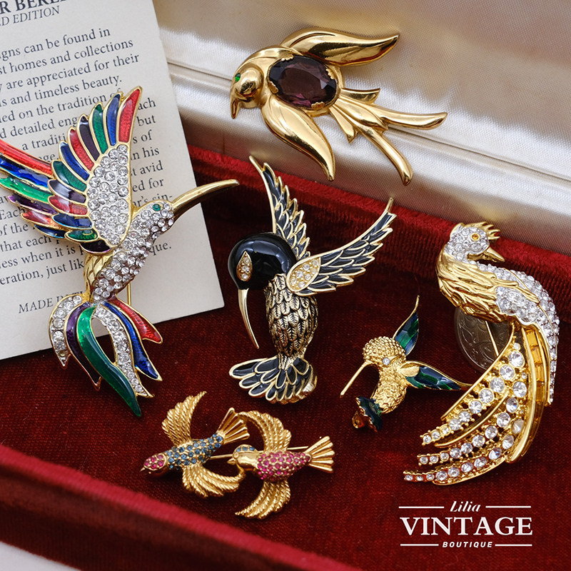 珐琅彩小鸟胸针莱茵石古董首饰