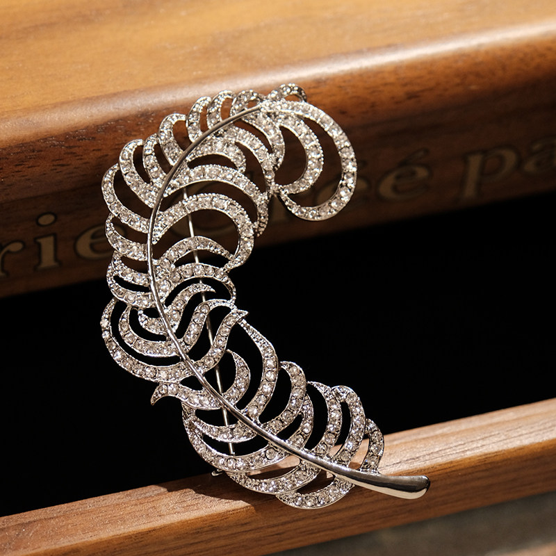 liliavintage海外中古首饰kjl复古银色羽毛水晶莱茵石毛大衣胸针