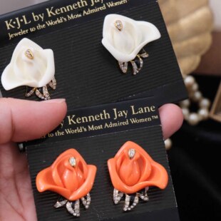 Vintage古董首饰KJL白色茶花红玫瑰优雅复古耳钉耳夹胸针胸花