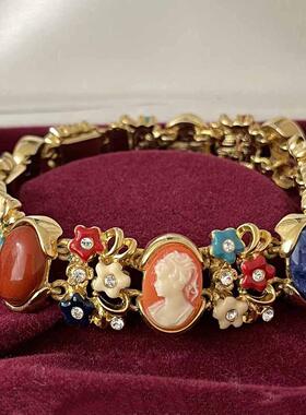 Vintage西洋古董首饰JBK复古卡梅奥猫眼石宝石浮雕珐琅中古手链