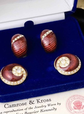 LiliaVintage古董首饰JBK杰奎琳红色珐琅彩水晶耳夹原盒套装