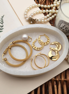 Vintage美国ins现代首饰镀18k金圈圈麻花轻奢复古小众港风耳环