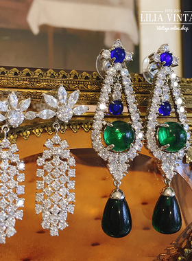 Vintage古董首饰JBK Audrey Hepburn赫本优雅绿色琉璃水晶长耳环