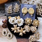 Vintage中古耳饰Trifari Monet翠法丽莫奈复古珍珠婚礼中古耳夹E8