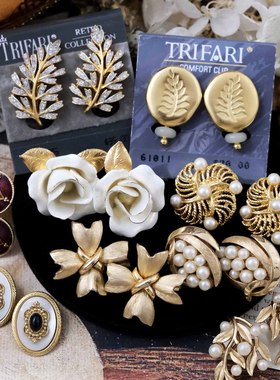 Vintage中古耳饰Trifari Monet翠法丽莫奈复古珍珠婚礼中古耳夹E8