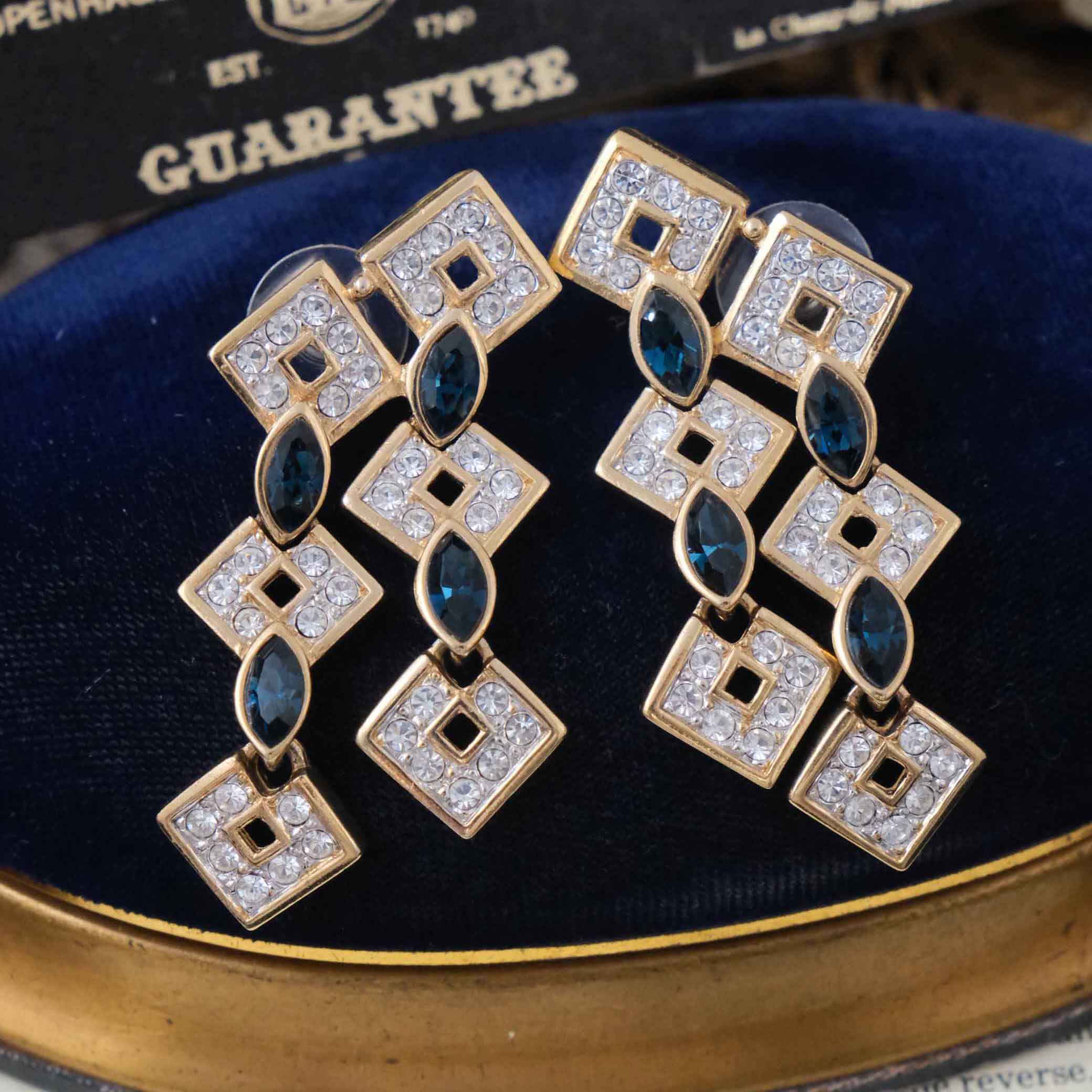 Vintage古董首饰A&S蓝色几何水晶轻奢小众高级感中古耳钉耳环