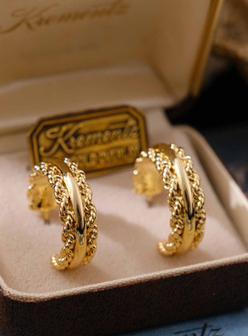 Vintage古董首饰ERWIN.Pearl金色复古港风气质麻花圈圈耳环耳钉