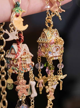 Vintage中古首饰KirksFolly梦幻姜饼人月亮仙女圣诞小屋复古项链