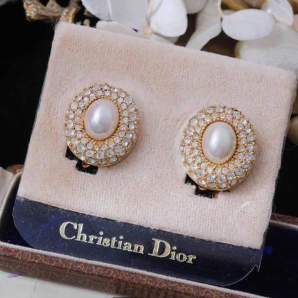 Vintage古董首饰DI0R复古优雅珍珠水晶婚礼礼物中古无耳洞耳夹D31