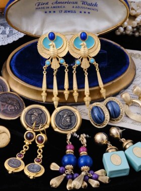 LiliaVintage海外中古董首饰古典琉璃彩宝Trifari流苏稀有耳夹E26