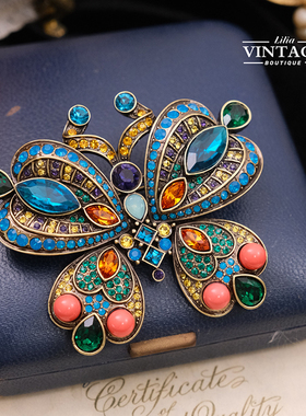 Vintage古董首饰Heidi Daus海蒂复古密镶莱茵石水晶蝴蝶胸针