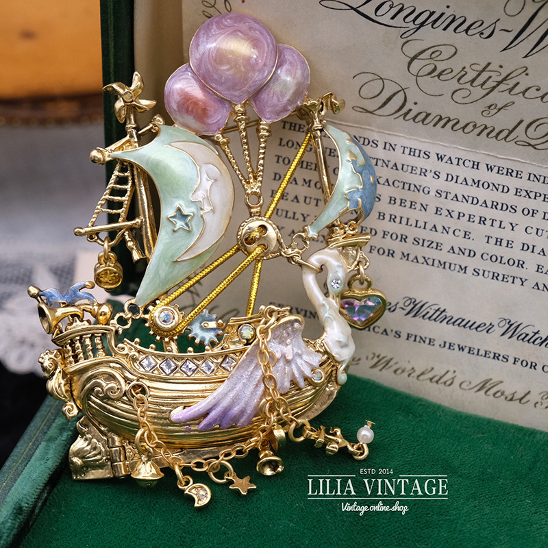 vintage海外中古首饰kirks folly珐琅彩立体月亮梦之船精品胸针