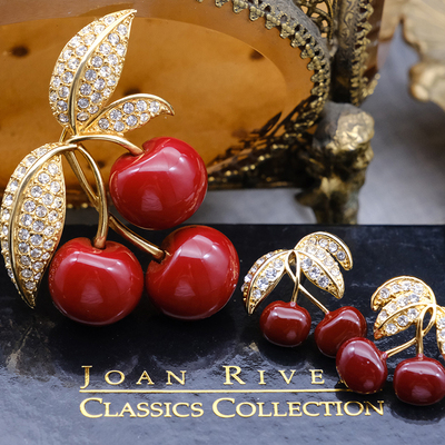 JoanRivers红色樱桃古董耳钉胸针