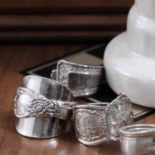 Vintage欧洲古董首饰SpoonRing手工制银勺指环男女中古戒指G17