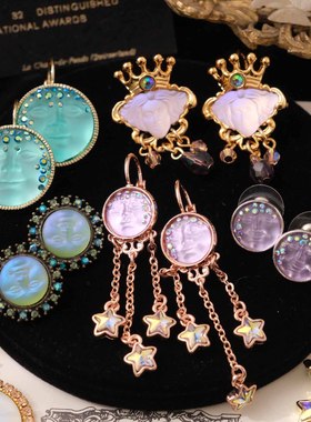 Vintage中古董首饰KirksFolly摩恩脸太阳神蓝色幻彩月亮脸耳环