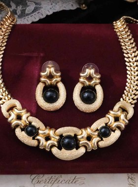 Vintage古董首饰DI0R GROSSE复古优雅黑琉璃古典耳钉中古项链B31