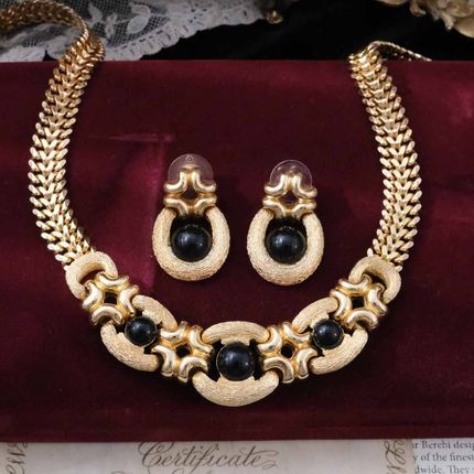 Vintage古董首饰DI0R GROSSE复古优雅黑琉璃古典耳钉中古项链B31