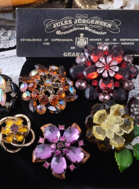 Vintage古董首饰复古花卉造型水晶彩宝孤品新年红胸针