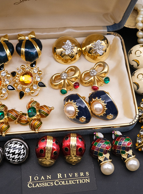 Vintage海外中古首饰JoanRivers Monet复古珐琅彩几何水晶耳夹E4