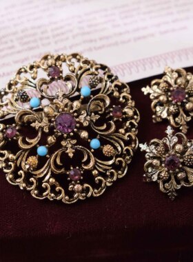 LiliaVintage中古首饰宫廷感镂空花朵纹理紫水晶复古胸针耳夹套装