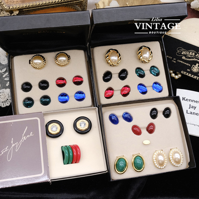 vintage古董首饰KJL水晶珍珠耳钉