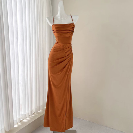 外贸 跨境法式气质性感修身显瘦堆堆领开叉拖地晚礼服连衣裙长裙