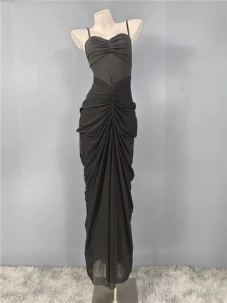 外贸单弹力网纱女法式复古气质收腰显瘦百搭性感吊带连衣裙礼服裙