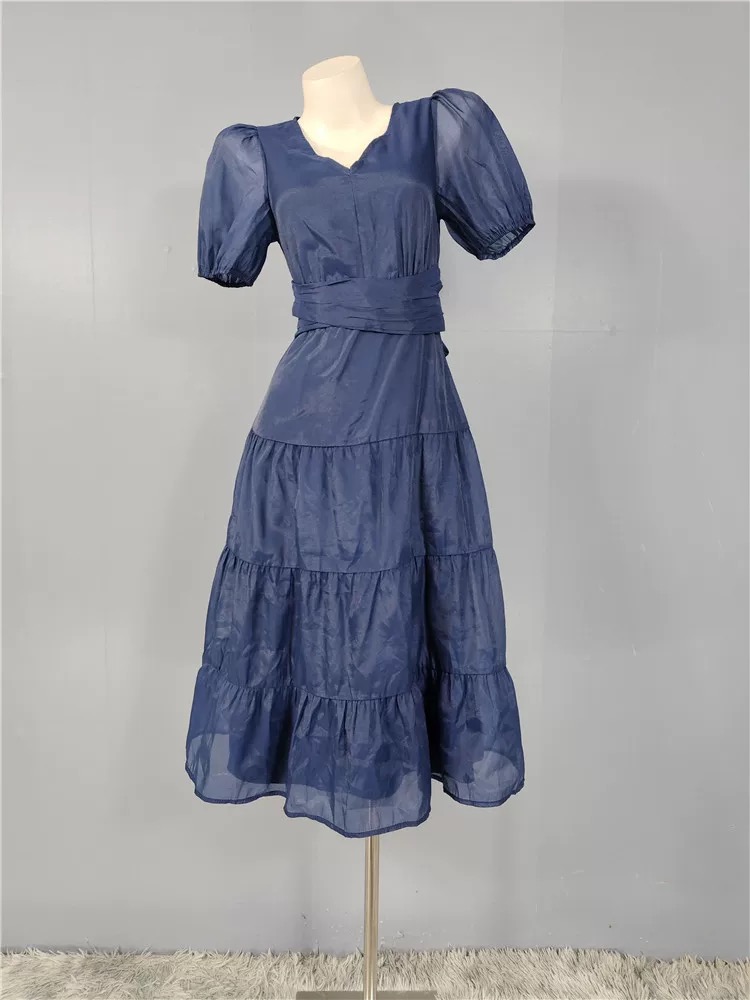 外贸单OA家春季新款法式复古气质收腰显瘦百搭气质系带优雅连衣裙