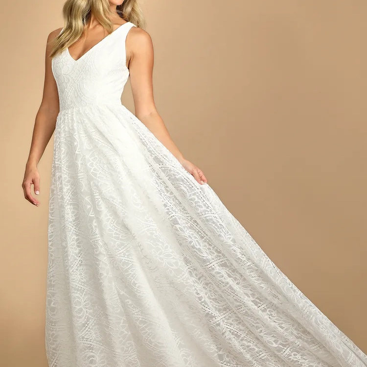 外贸新款高品质宴会派对婚礼宴会蕾丝V领拖尾重工婚纱连衣裙礼服