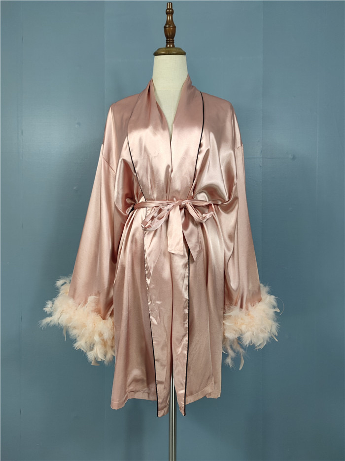 外贸单跨境淑女纯欲新款长袖毛毛光滑面料绣花新年晨袍睡衣浴袍裙