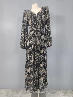 复古印花大码 外贸单春季 复古印花V领长袖 法式 胖妞连衣裙礼服 新款