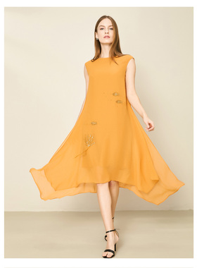 敦奴DUNNU夏季新款文艺宽松圆领A字珠片不规则大裙摆无袖连衣裙女