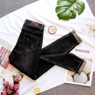 紧身弹力铅笔裤 小脚裤 显瘦翻边印花小个子潮 女2024春装 中腰牛仔裤