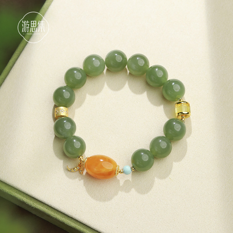 12mm天然高品质老坑晴水和田玉手串新中式鸡油黄蜜蜡轻奢小众手链