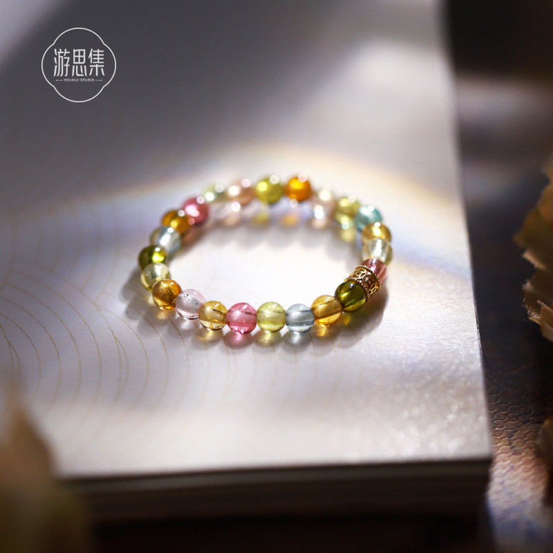 霓虹天然碧玺黄金戒指女设计小众串珠渐变彩虹色指环宝石装饰尾戒