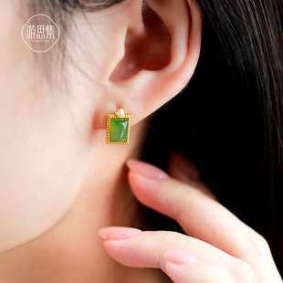 天然俄料老坑菠菜绿和田碧玉耳钉女轻奢小众玉石纯银轻奢小众耳环