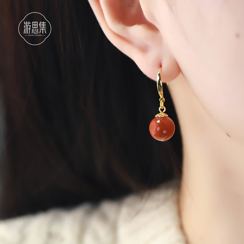 游思集新中式南红玛瑙女纯银耳环