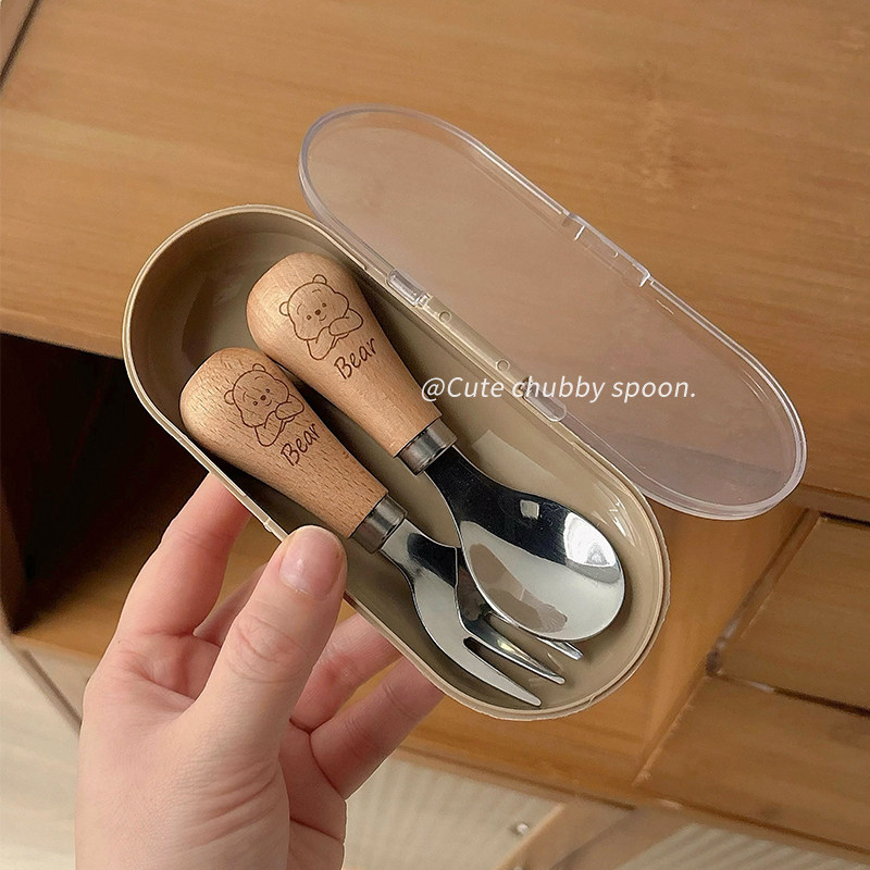 便携餐具套装一人用可爱儿童304不锈钢叉子勺子家用原木手柄饭勺