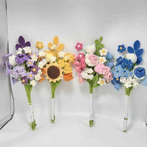 成品手工编织泡芙铃兰花仿真假毛线花搭配好的花束送女朋友教师节