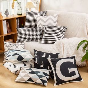 北欧客厅沙发抱枕床头靠垫套黑白毛绒布抱枕套现代简约千鸟格绒布