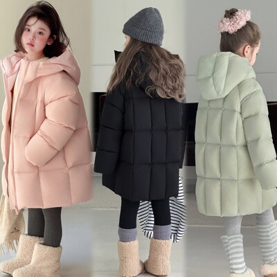 女童羽绒服外套2025新款中长款鹅黄色蝴蝶披肩可拆卸帽羽绒外套女