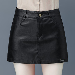 秋冬pu皮裤裙女高腰大码宽松显瘦皮短裤妈妈外穿打底靴裤前裙后裤
